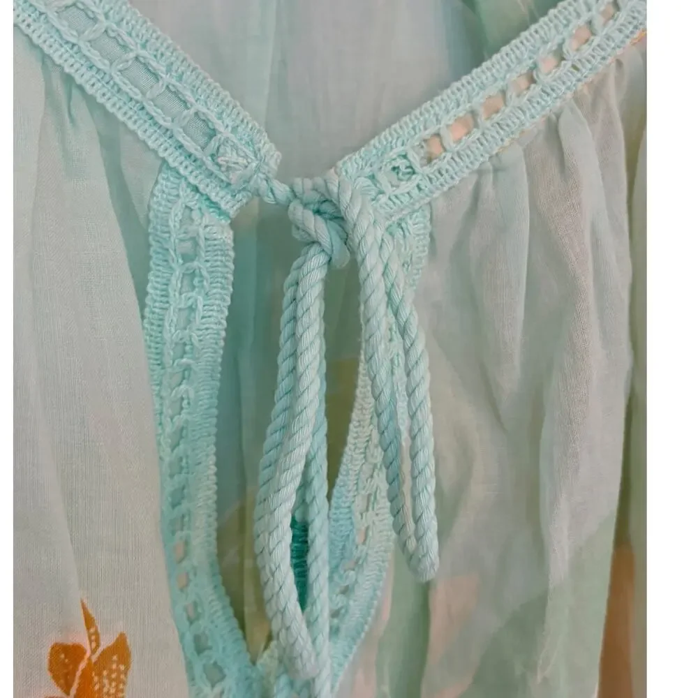 Farm Rio Basel Peasant Top Floral Sheer Cotton Beaded Tassels